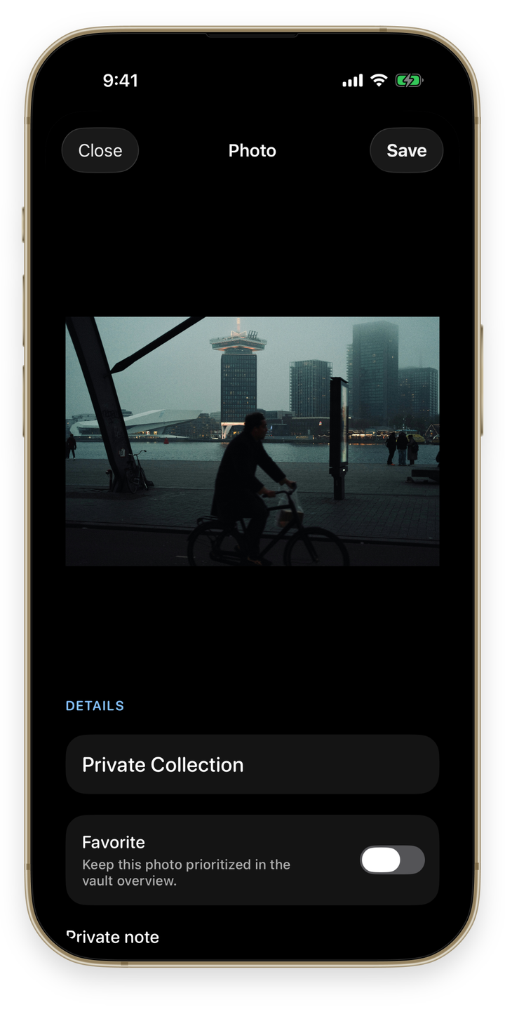 Private photo in the PureVault vault on iPhone, with its title and favorite setting.