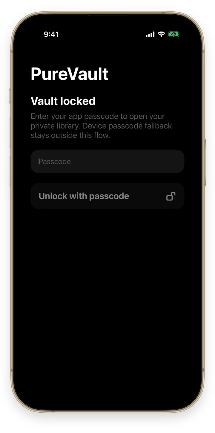 PureVault photo vault lock screen on iPhone, asking for the app passcode.